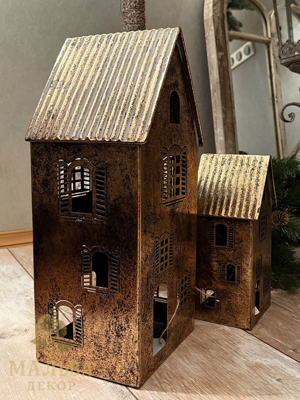 Подсвечник "Домик" средний античное золото 11,5x11,5xH26 см