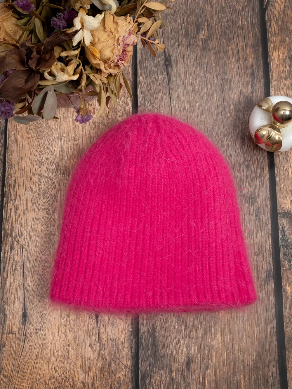 шапка вязаная бини ангора теплая демисезонная с отворотом