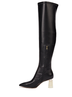 Женские чёрные ботфорты с жемчужным каблуком