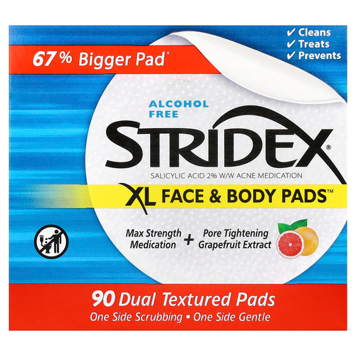 Stridex, XL Face & Body Pads™, без спирта, 90 подушечек с двойной текстурой