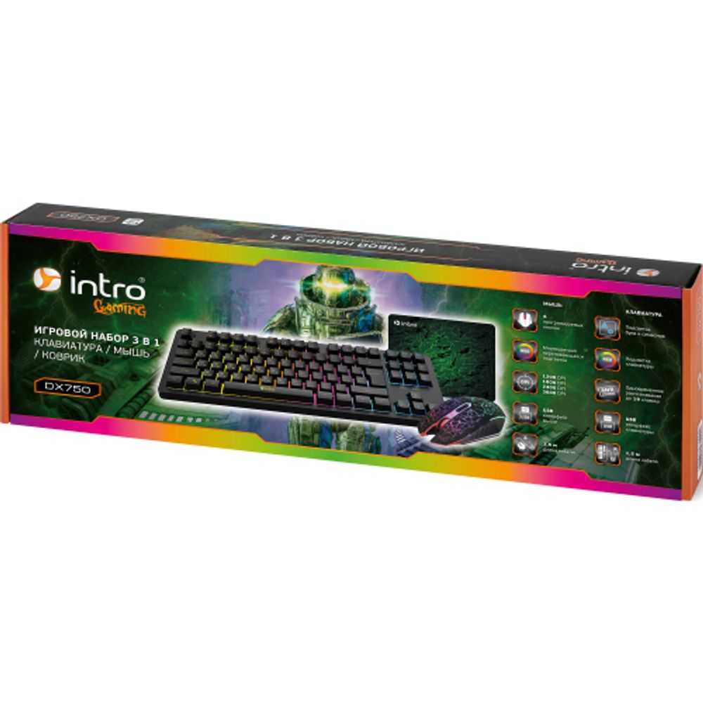 Клавиатура и мышь комплект Intro DX750 игровые 1200-3600dpi + коврик черный