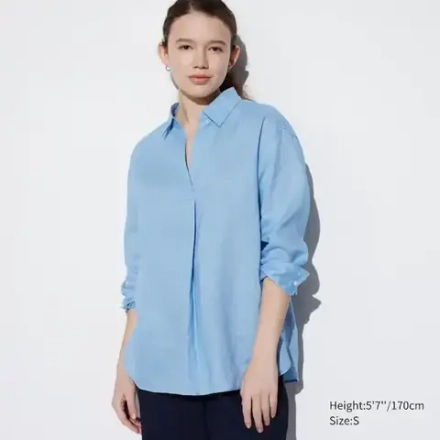 UNIQLO РУБАШКА СО ШКИПЕРСКИМ ВОРОТНИКОМ И РУКАВАМИ 3/4 ИЗ 100% ЛЬНА ПРЕМИУМ-КЛАССА, СИНИЙ