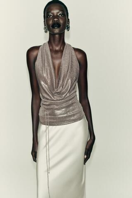 ZARA ТОП С ГОРЛОВИНОЙ ХАЛТЕР И ДРАПИРОВКОЙ, СЕРЕБРИСТЫЙ