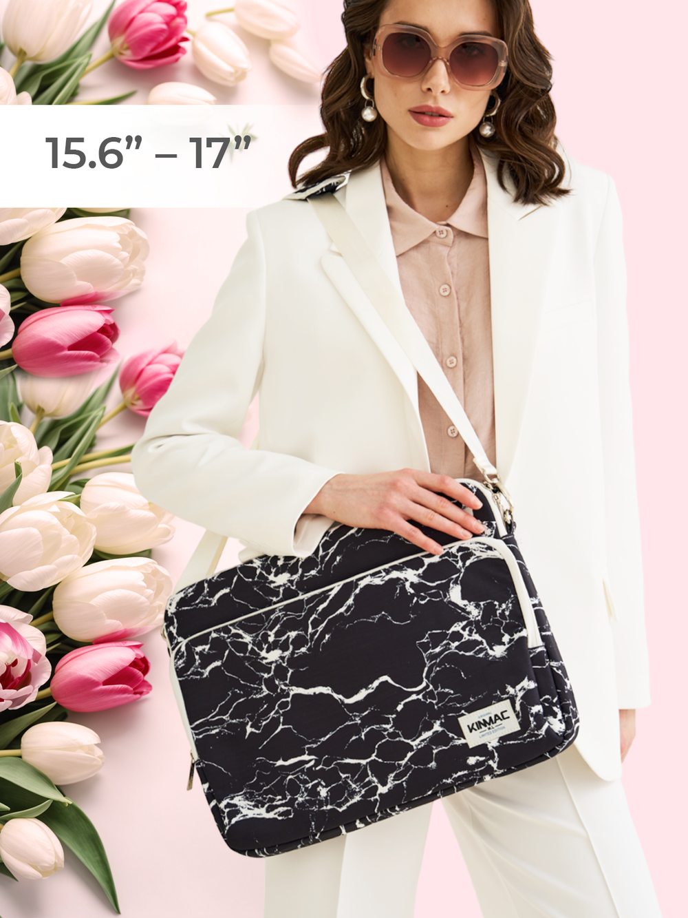Сумка для ноутбука 15,6" и 17" с ремнем на плечо и большим карманом спереди (Черный мрамор)