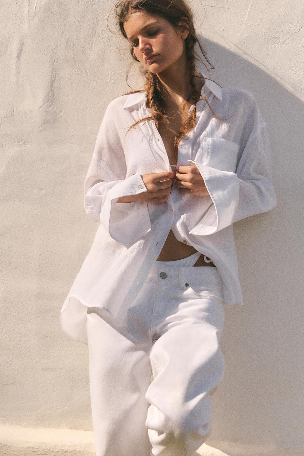 ZARA РУБАШКА ОВЕРСАЙЗ С КАРМАНОМ, БЕЛЫЙ