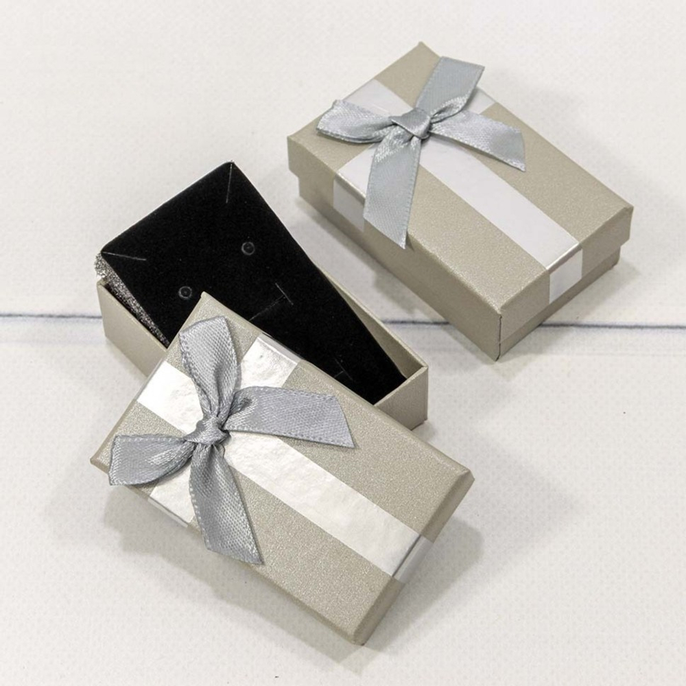 Коробка Ювелирная 8х5х2.5 см Набор 2 шт с бантом (Серебряный)