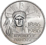 France, 100 Francs, 1986 – Centennial of the Statue of Liberty. Silver Commemorative Coin, MS