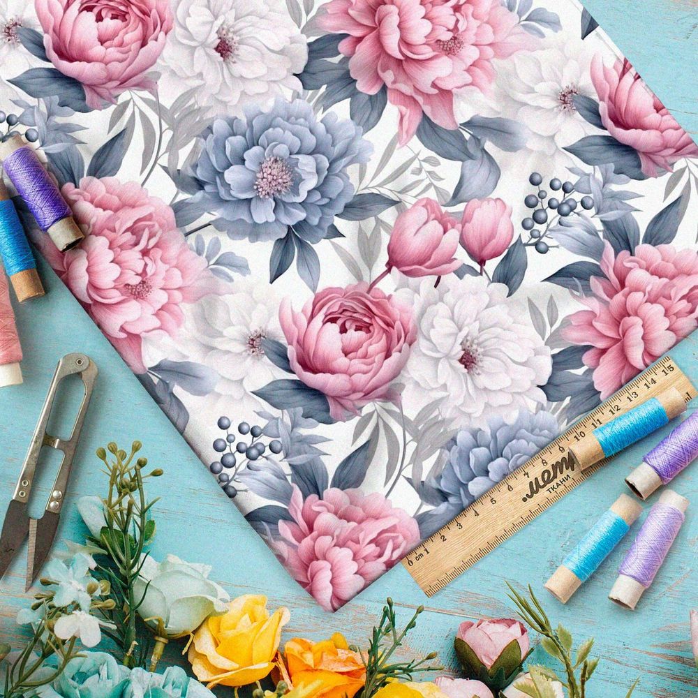 Ткань премиум таффета пастельные пионы