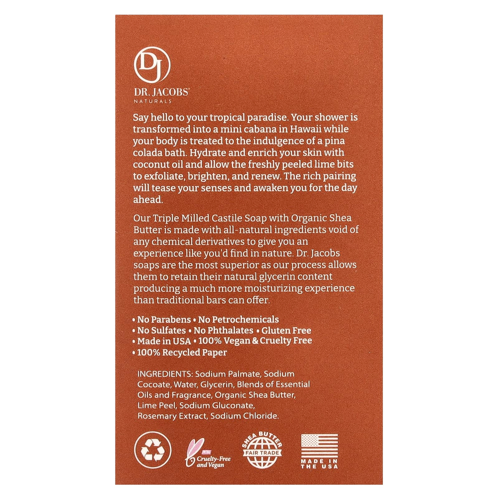 Dr. Jacobs Naturals, отшелушивающее кастильское мыло с люфой, кокосовый лимонад, 142 г (5 унций)