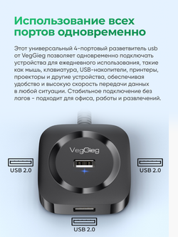 USB 2.0 хаб VegGieg на 4 порта | Поддержка HDD 5 ТБ | Питание Micro USB 5V/2A | Без драйверовдлина 0,2 м