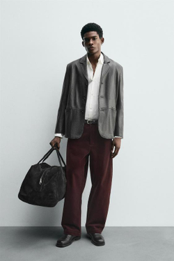 ZARA БРЮКИ WIDE FIT С ФЛОКИРОВАНИЕМ, БОРДОВЫЙ