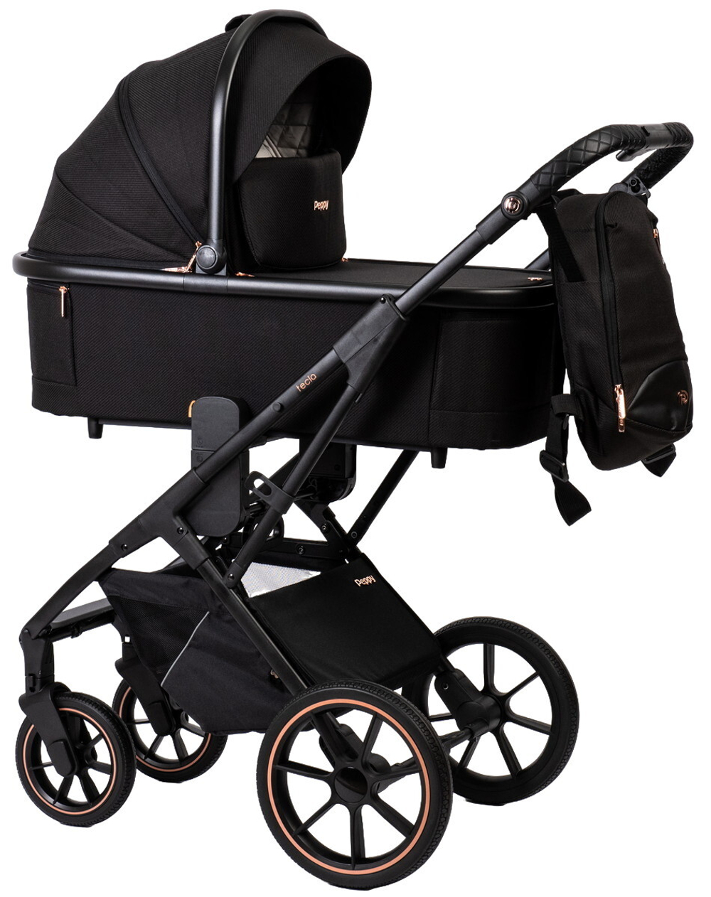 Детская коляска Peppy Tecla 3 в 1 с автокреслом First black Rose Black Черный