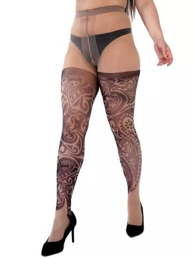 Колготки +size с имитацией татуировки с завитками (Размер: XL-XXL-XXXL) (Цвет: бежевый)