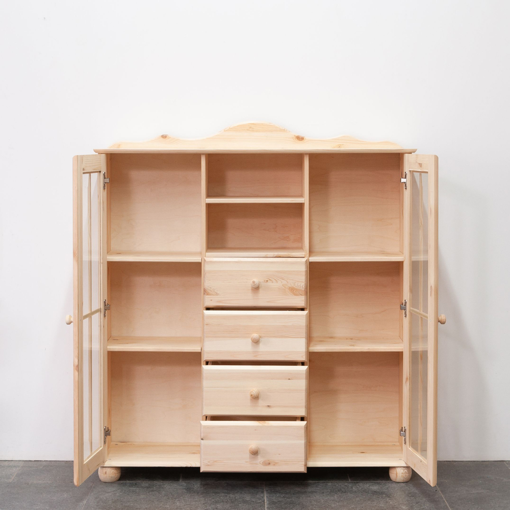 Шкаф-витрина 2 двери 4 ящика Бритта из массива сосны, 113х32х128 см, в прозрачном лаке