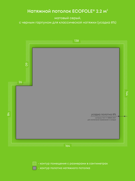 Матовый натяжной потолок 2.2 м2