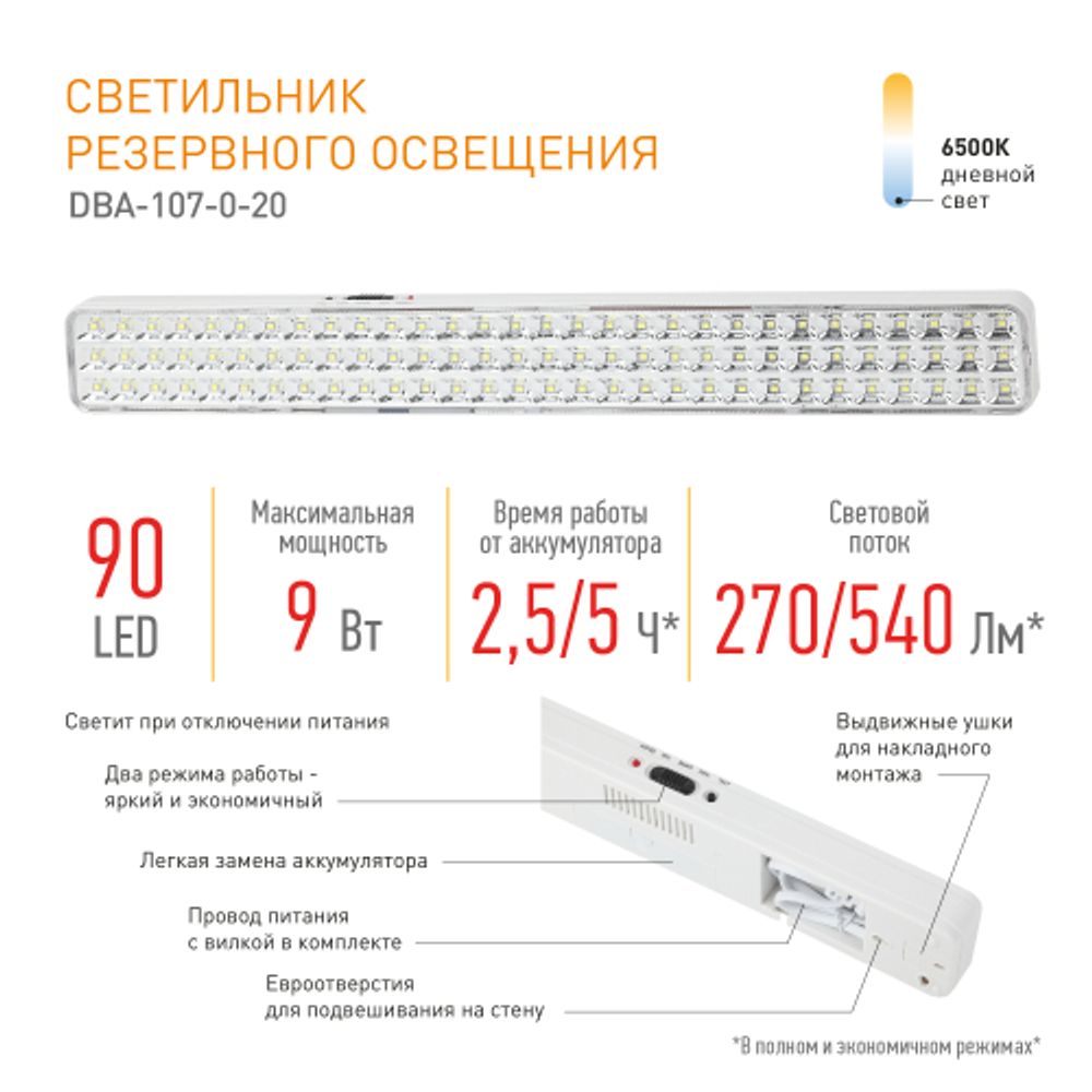 Аварийный светильник светодиодный ЭРА DBA-107-0-20 непостоянный 90LED 4ч IP20 | Светильники аварийные