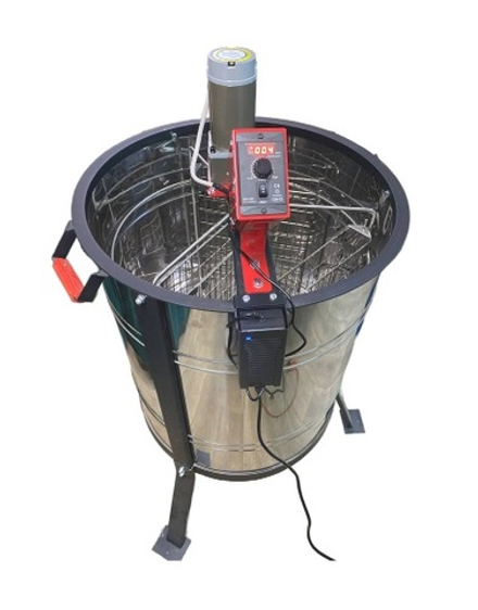 Медогонка Стрекоза 3-х рамочная, оборотная, нержавеющая сталь, с электроприводом на 220/12В (РЭК-2) кран пластик (РБ)