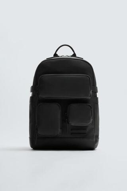 ZARA ПРОРЕЗИНЕННЫЙ РЮКЗАК С МНОЖЕСТВОМ КАРМАНОВ, ЧЕРНЫЙ