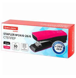 Степлер №24/6, 26/6 BRAUBERG "SUPER", до 30 листов, маджента и черный, 272740