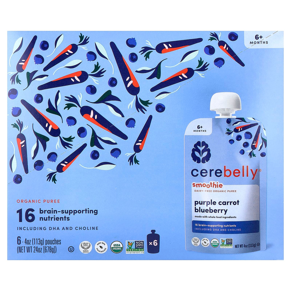 Cerebelly, смузи, органическое пюре без молочных продуктов, для детей от 6 месяцев, фиолетовая морковь, голубика, 6 паучей по 113 г (4 унции)
