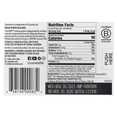 Comvita, Manuka Honey Drops, перечная мята, 6 капель, 18 г (0,63 унции)