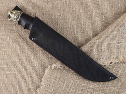 Нож "Тигр большой", дамасская сталь, рукоять черный граб мореный, литье голова зверя