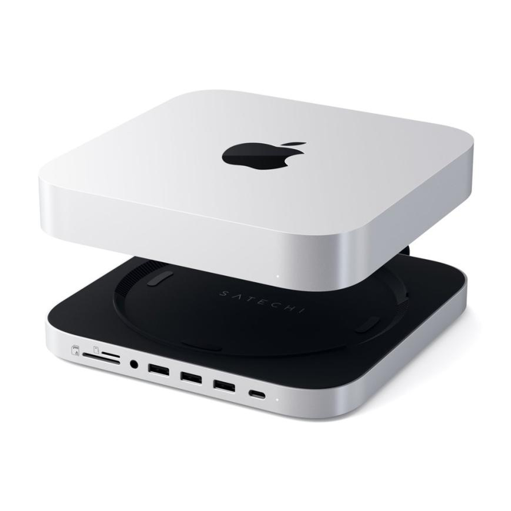 USB-Хаб-подставка с отсеком для SSD Satechi для Mac mini (M1, M2 | 2020–2023) и Mac Studio (ST-MMSHS) Подключение: встроенный плоский кабель USB-C. Порты: USB-C 3.2 Gen 1, 3 USB-A 3.2 Gen 1, microSD UHS-I, SD UHS-I, разъём 3,5 мм. Есть LED-индикация и отс