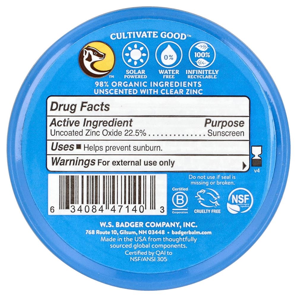 Badger, Sport, минеральное солнцезащитное средство с чистым цинком, SPF 40, без запаха, 68 г (2,4 унции)