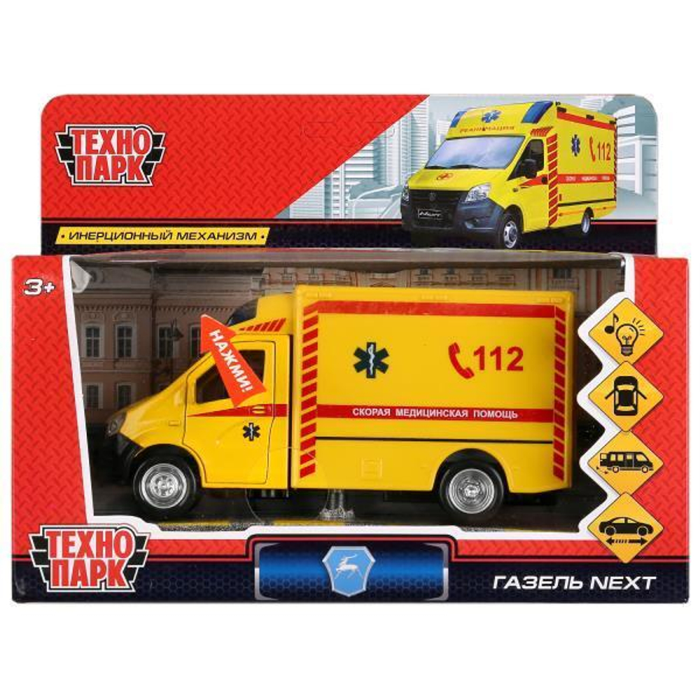 Модель ин. мет. "ГАЗель Next. Реанимация" 15см. свет-звук, дв, в коробка NEXTREAN-15SL-YE (Технопарк)