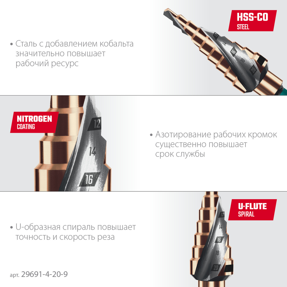 KRAFTOOL COBALT 4-20мм, 9 ступеней, азотирование, винтовая спираль, сверло ступенчатое(29691-4-20-9)
