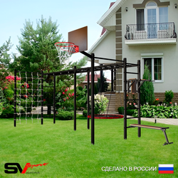 Уличная шведская стенка Sv Sport рукоход х 2 с комплектом турник прямой 2шт У55266К (Брусья/Скамья/Гнездо 80см/Щит баскет/Сетка)