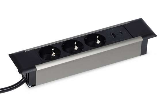 Блок розеток встраиваемый в стол (3 розетки, USB-A, USB-C) G4103T-2AC.N Серебро/Черный 257*60*4