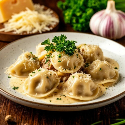Пельмени с говядиной и пармезаном