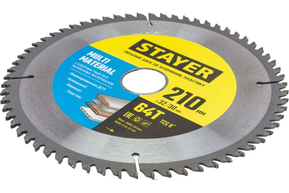 Пильный диск по алюминию STAYER Multi Material 210x32/30 мм, 64Т, супер чистый рез 3685-210-32-64