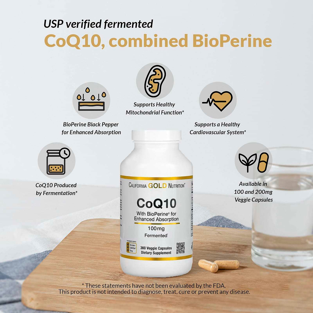 California Gold Nutrition, коэнзим Q10, убихинон класса USP с экстрактом чёрного перца Bioperine®, улучшенная биодоступность, 100 мг, 150 растительных капсул