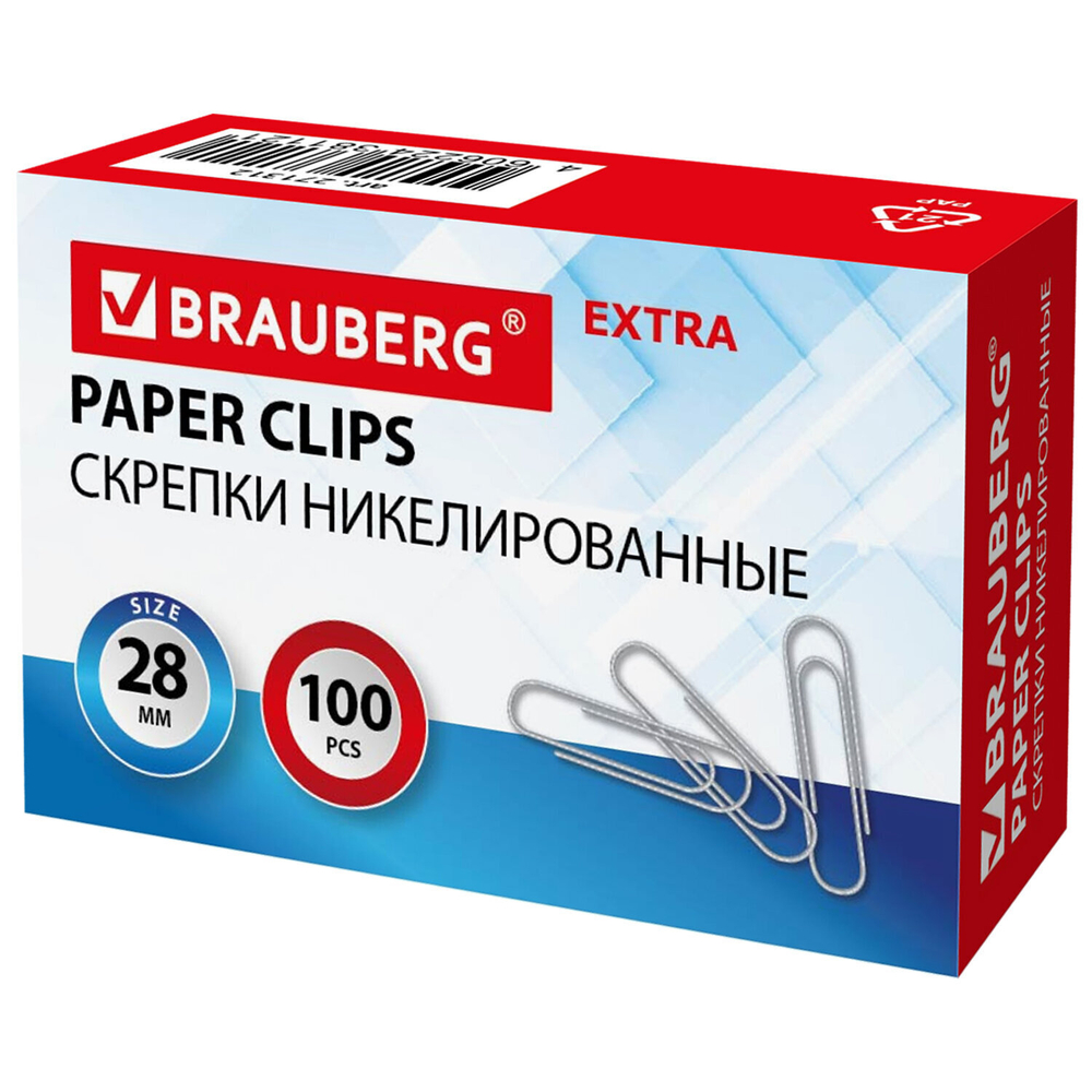 Скрепки EXTRA BRAUBERG 28 мм никелированные 100 штук (20 штук в упаковке)