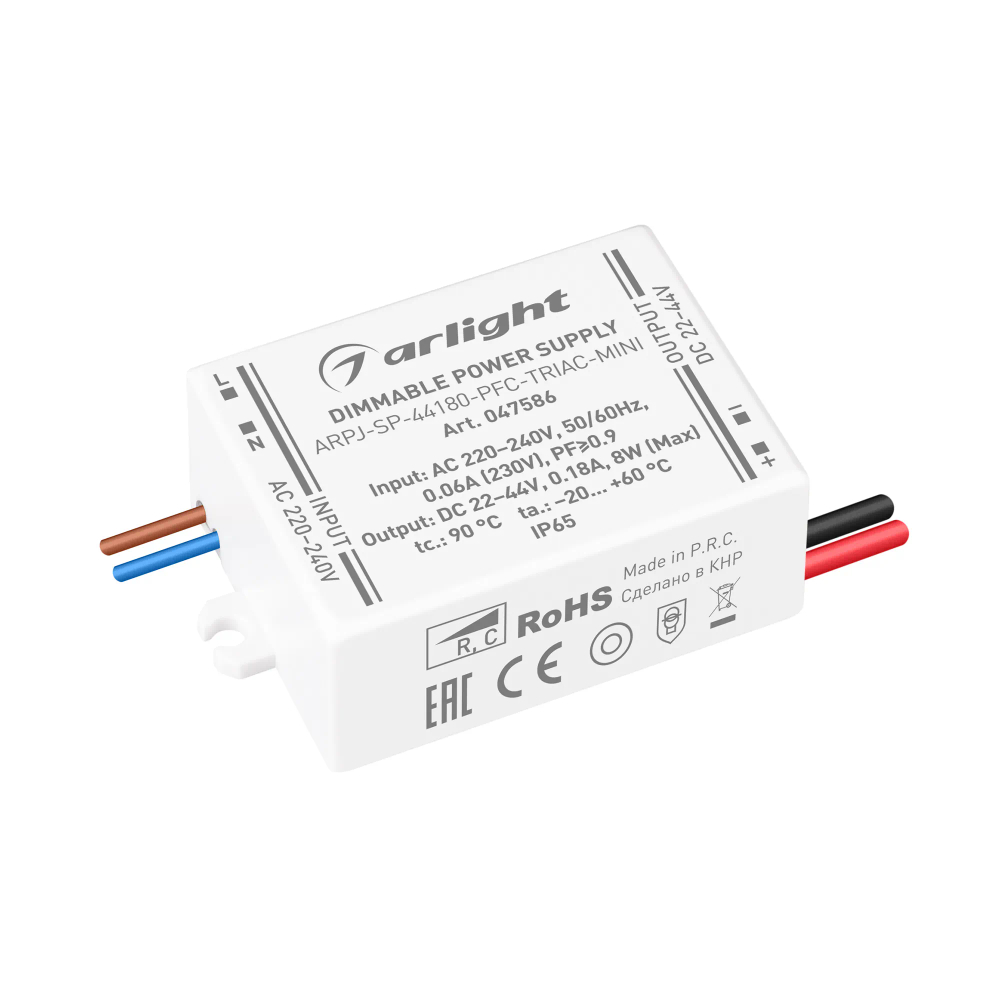 Блок питания ARPJ-SP-44180-PFC-TRIAC-MINI (8W, 22-44V, 180mA) (Arlight, IP65 Пластик, 5 лет) 047586