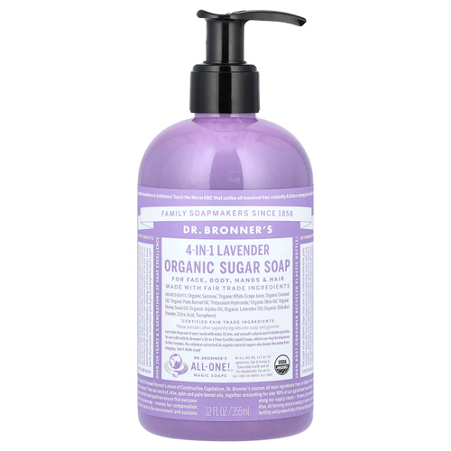 Dr. Bronner's, органическое мыло с сахаром, 4 в 1, для лица, тела, рук и волос, лаванда, 355 мл (12 жидк. унций)