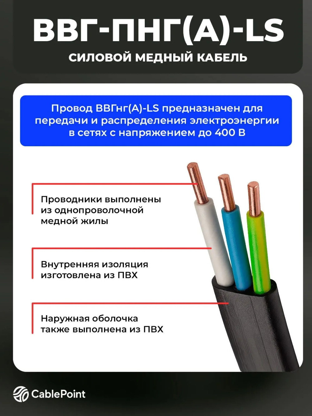 Силовой кабель ВВГ-Пнг(А)-LS 3 x 1.5 мм², 1 м