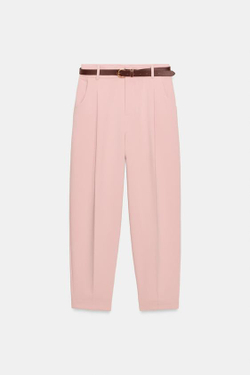 ZARA БРЮКИ С ЗАЩИПАМИ И РЕМНЕМ, СВЕТЛО-РОЗОВЫЙ
