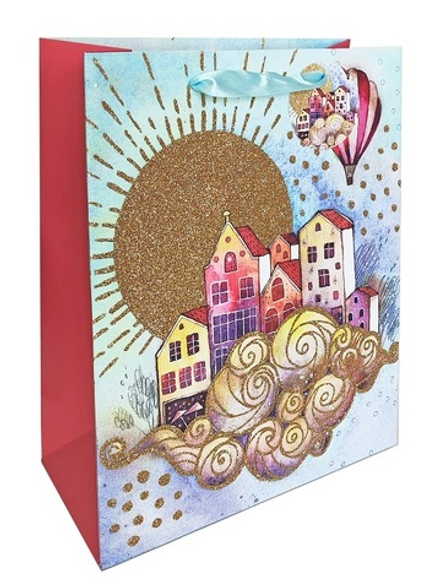 Пакет подарочный бумажный "Акварельные сюжеты. Замок", мат. ламин., блестки, 18x23x10см