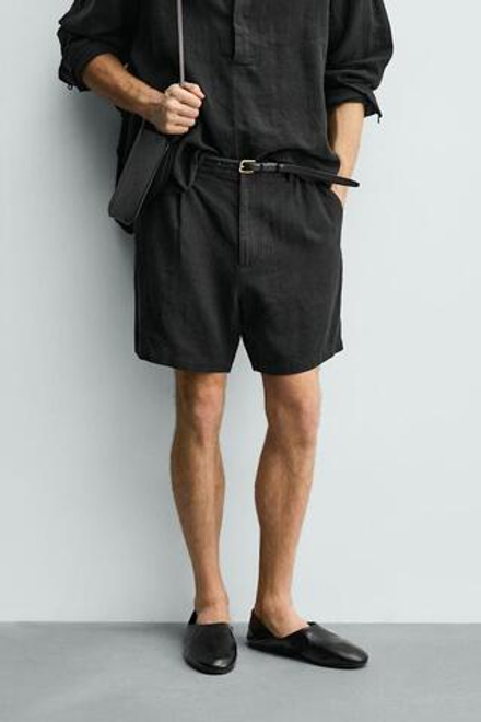 ZARA ШОРТЫ RELAXED FIT ИЗ 100% ЛЬНА, ЧЕРНЫЙ