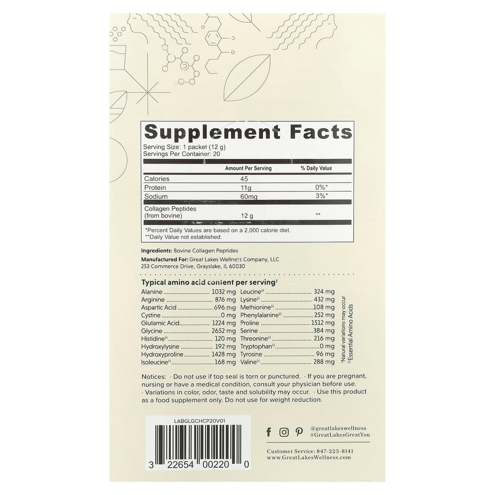 Great Lakes Wellness, Пептиды бычьего коллагена от травяного откорма, без добавок, 20 пакетиков по 12 г (0,42 унции)
