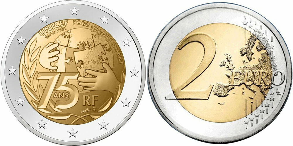 Франция 2 евро, 2021 75 лет ЮНИСЕФ UNC