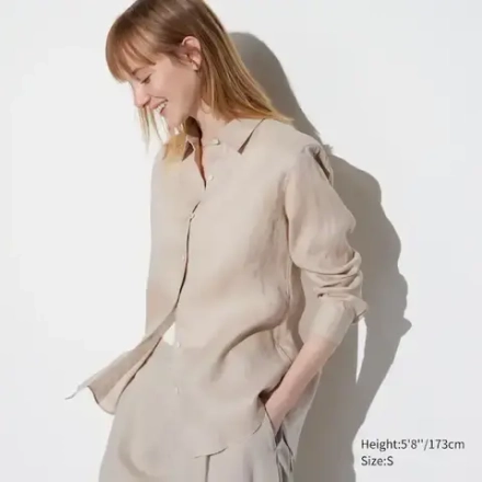 UNIQLO ЛЬНЯНАЯ РУБАШКА 100% ПРЕМИУМ-КЛАССА, БЕЖЕВЫЙ