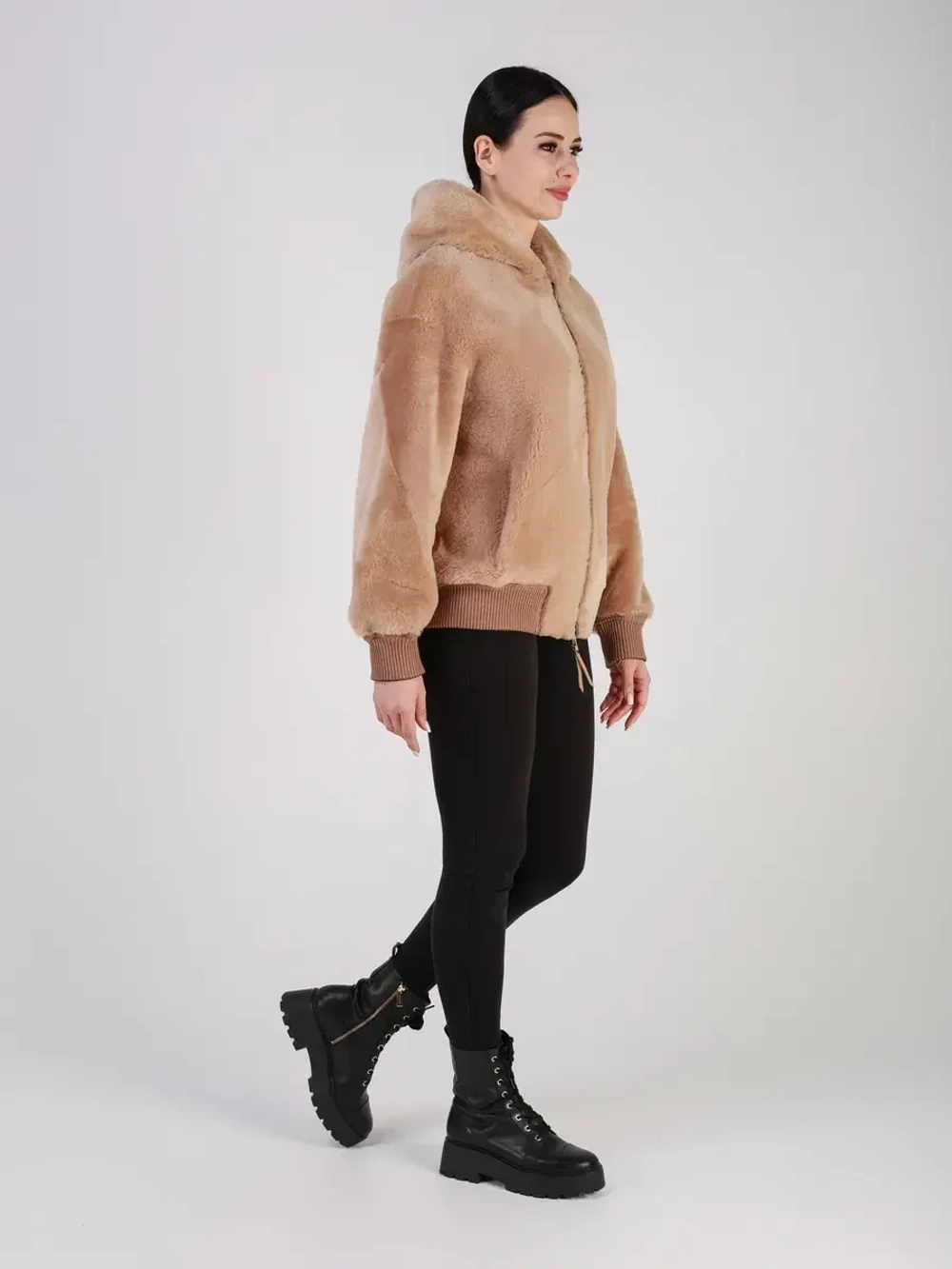 Двусторонняя дубленка зимняя шуба натуральная с капюшоном