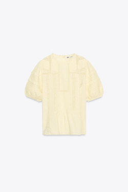 ZARA ТОП С КРУЖЕВОМ, СВЕТЛО-ЖЕЛТЫЙ