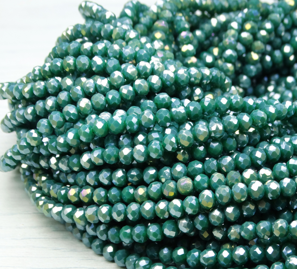 БН030ДС23 Хрустальные бусины "рондель", цвет: изумрудный AB непрозр, 2х3 мм, кол-во: 95-100 шт.
