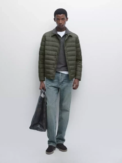 Massimo Dutti Непромокаемая легкая парка из смесового пуха, темный хаки