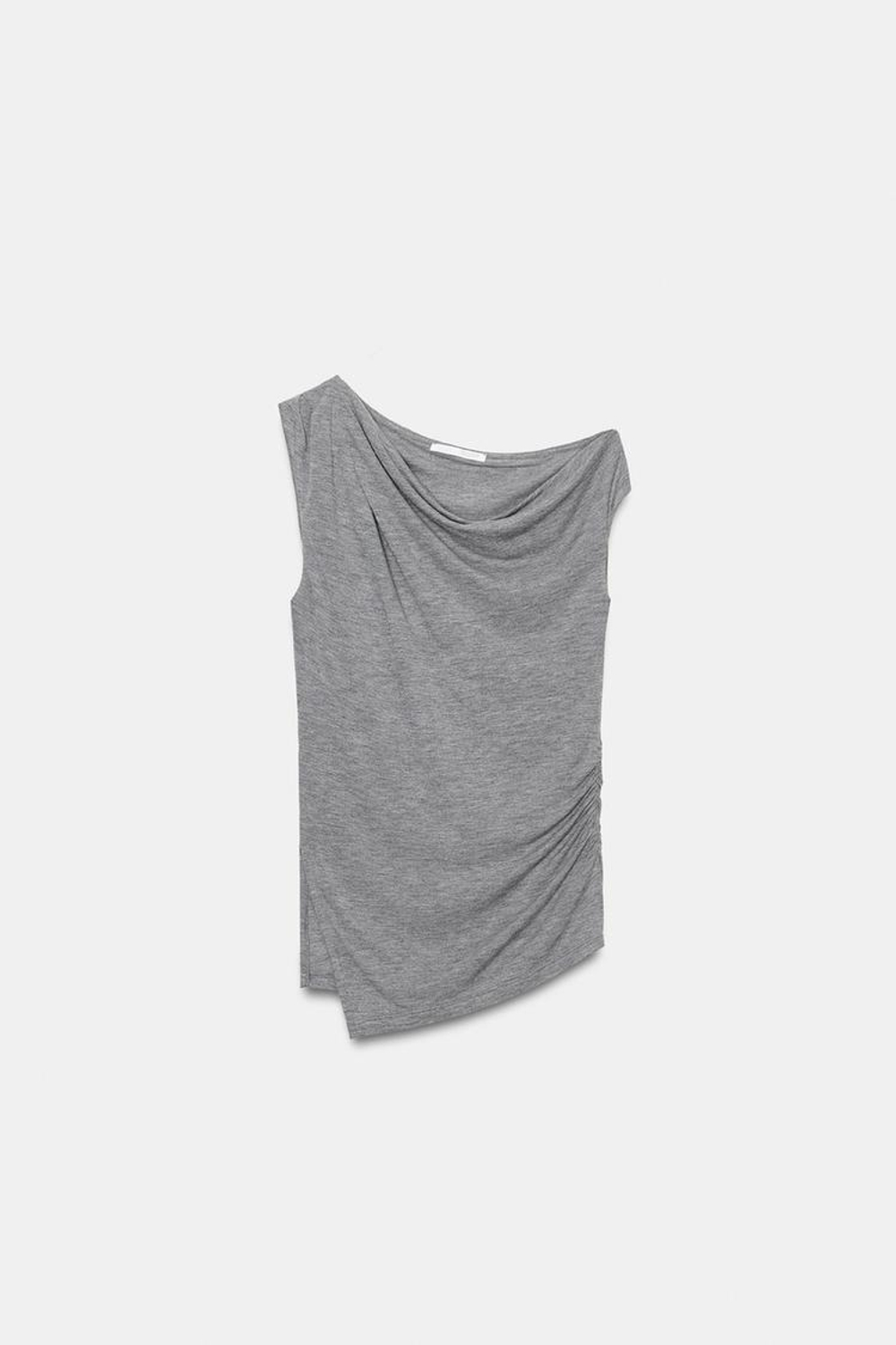 ZARA ТОП АСИММЕТРИЧНОГО КРОЯ СО СБОРКАМИ, СЕРЫЙ МЕЛАНЖ